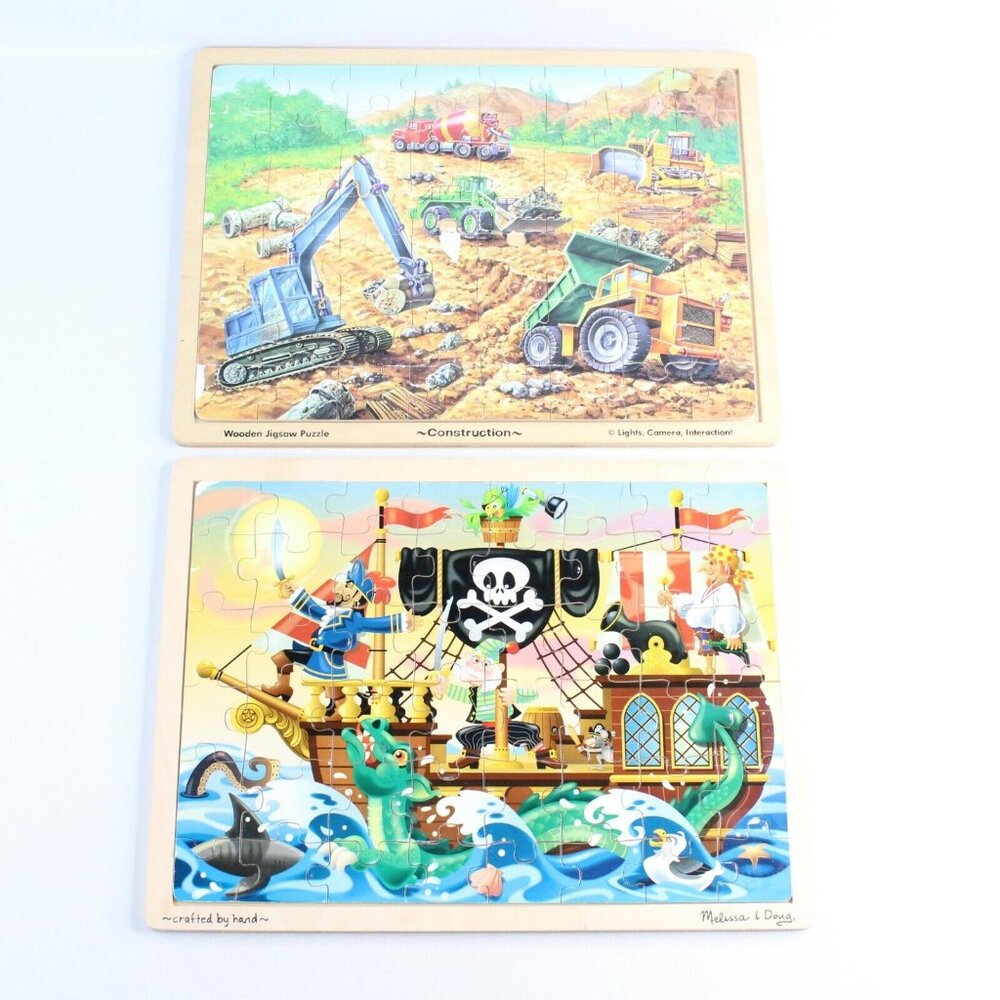 Melissa And Doug Wooden Puzzles Lot Of 2 Pirate Adventure Construction Themes